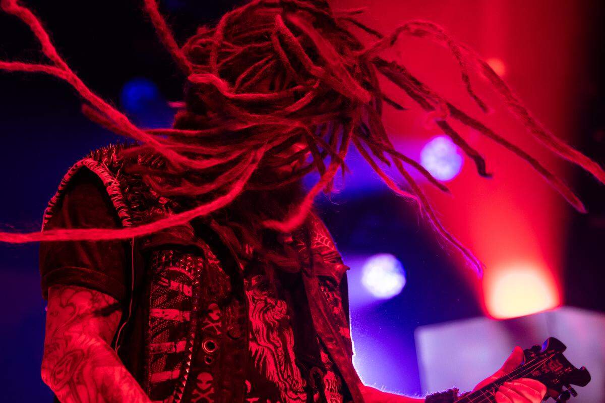 Dreadlocks fly onstage during the Rob Zombie set of the “Freaks On Parade 2023 Tour” to Raleigh, N.C.’s Coastal Credit Union Music Park at Walnut Creek, Tuesday night, Aug. 29, 2023.