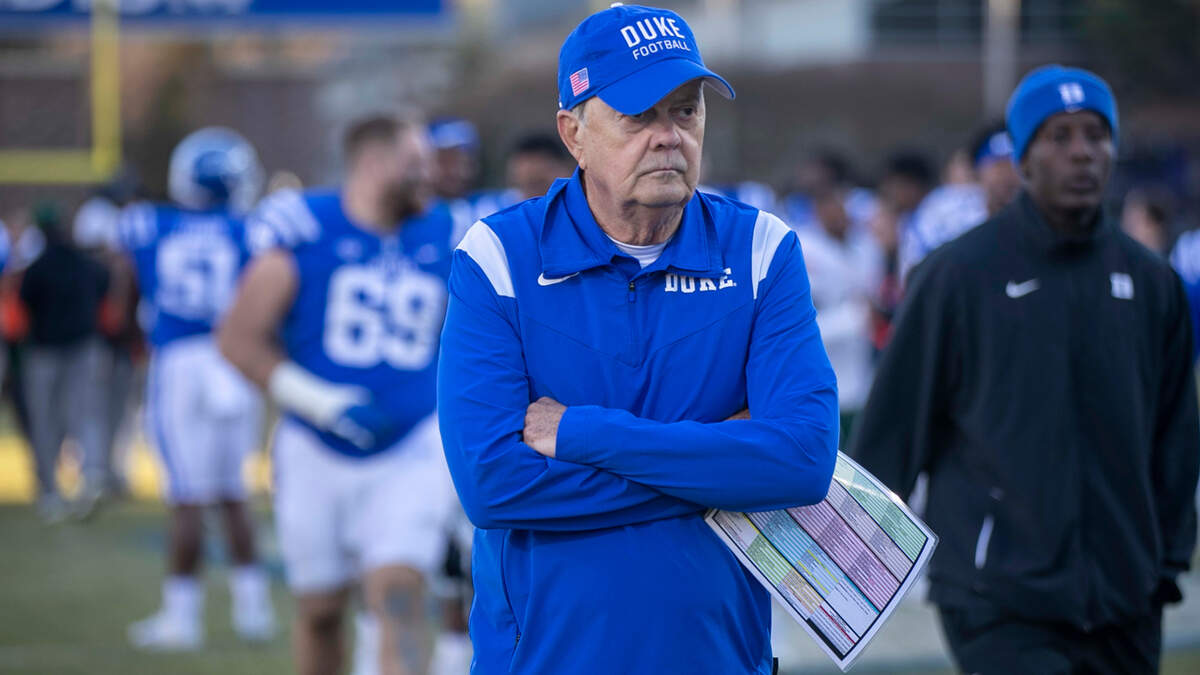 Duke coach David Cutcliffe leaves the field following the Blue Devils’ 47-10 loss to Miami on Saturday, November 27, 2021 at Wallace Wade Stadium in Durham, N.C.