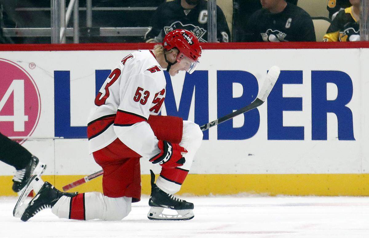 Carolina Hurricanes right wing Jackson Blake (53) reacts after scoring a goal against the Pittsburgh Penguins during the first period at PPG Paints Arena.