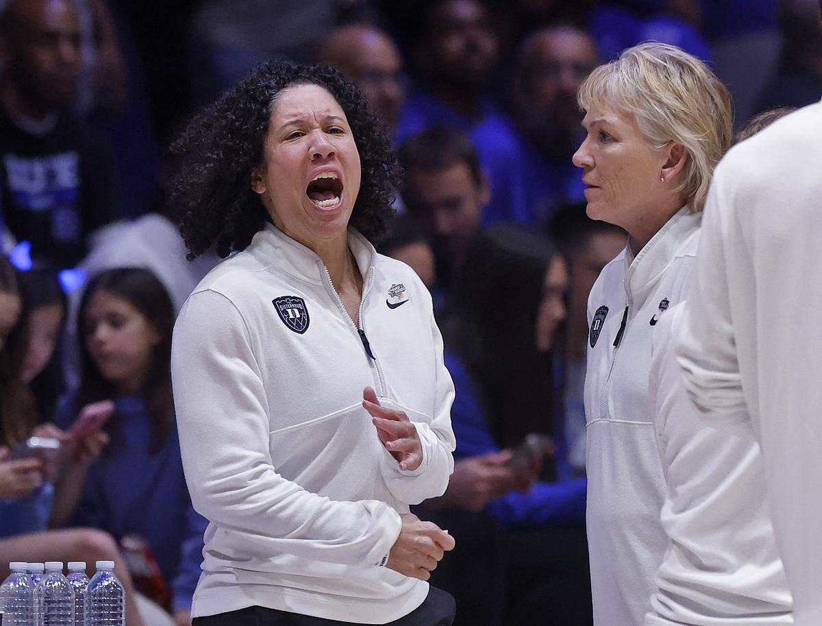 Duke head coach Kara Lawson reacts to a call by an official during the second half of the Blue Devils’ 81-64 first-round NCAA Tournament win over College of Charleston on Friday, March 20, 2026, at Cameron Indoor Stadium in Durham, N.C.