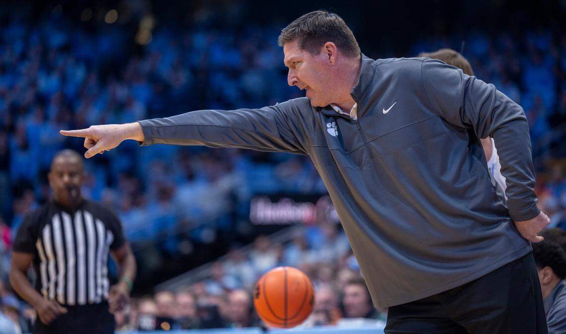 Clemson coach Brad Brownell direct his team on offense in the first half against North Carolina on Tuesday, February 6, 2024 at the Dean E. Smith Center in Chapel Hill, N.C.