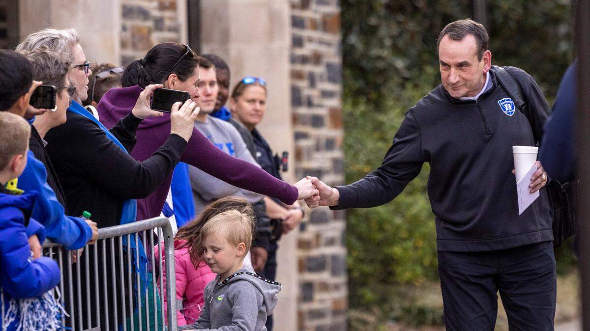 Duke head coach Mike Krzyzewski prepares to depart with his team for the Final Four in New Orleans Tuesday, March 29, 2022 outside Cameron Indoor Stadium.