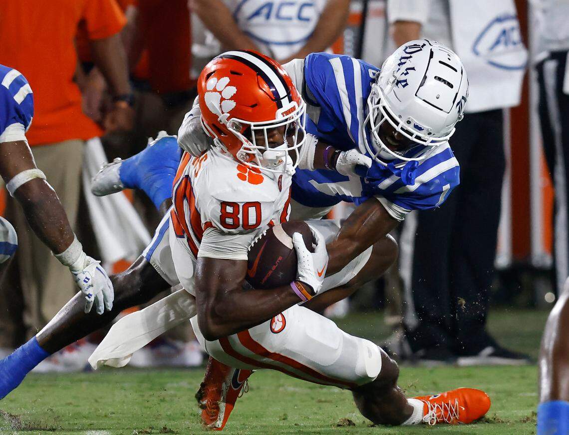 Duke’s Myles Jones tackles Clemson’s Beaux Collins during the second half of the Blue Devils’ 28-7 win over Clemson on Monday, Sept. 4, 2023, at Wallace Wade Stadium in Durham, N.C.