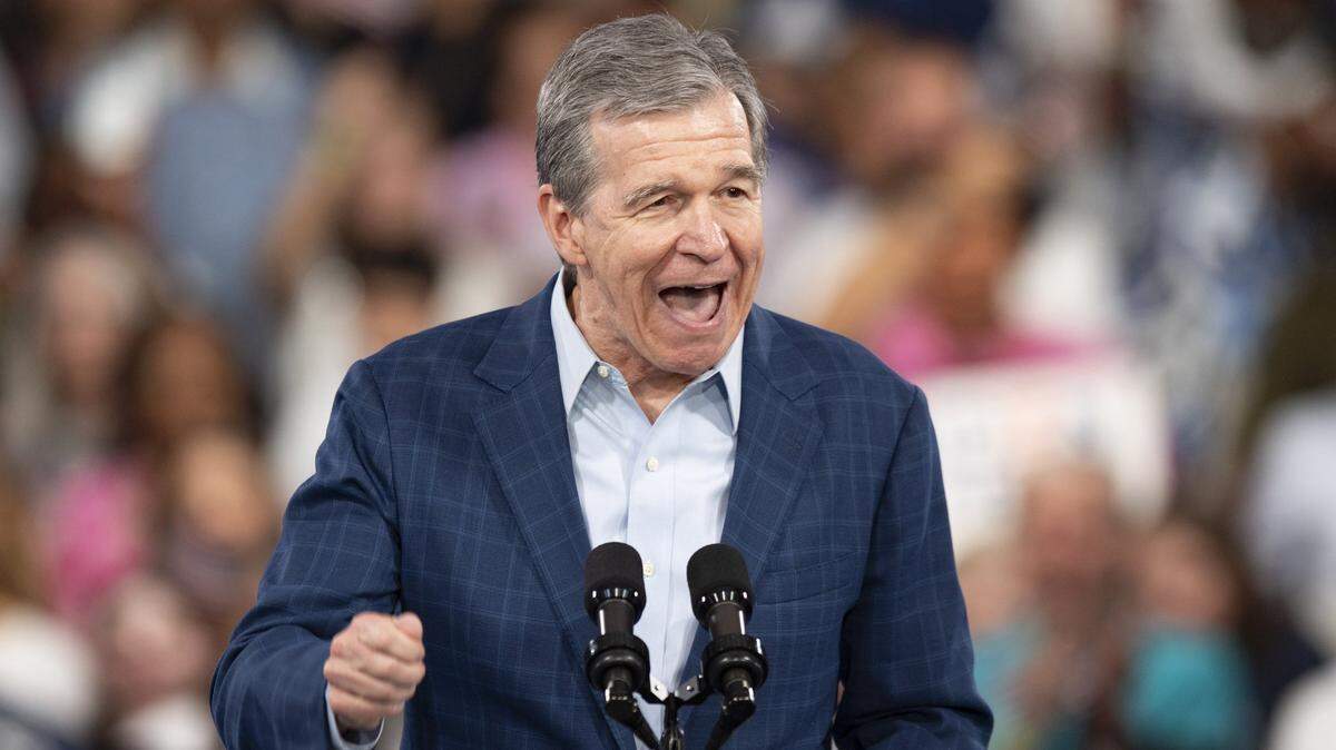 Gov. Roy Cooper speaks during a campaign event at the Jim Graham building at the North Carolina State Fairgrounds in Raleigh on Friday June 28, 2024.