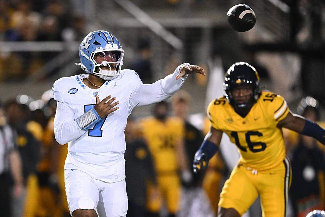 Gio Lopez of the North Carolina Tar Heels throws a pass during the first half against the California Golden Bears at California Memorial Stadium on Oct. 17, 2025 in Berkeley, California. 