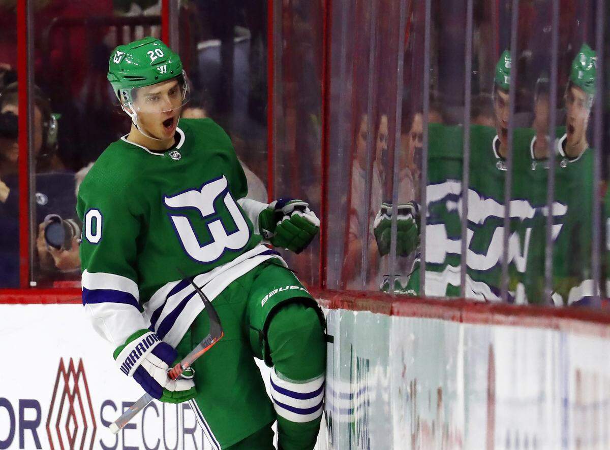 Carolina Hurricanes’ Sebastian Aho (20) celebrates his goal during the second period of an NHL hockey game against the Boston Bruins, Sunday, Dec. 23, 2018, in Raleigh, N.C. (AP Photo/Karl B DeBlaker)