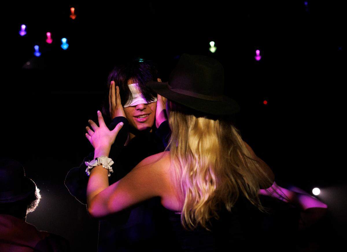 Thomas Halik wears a blindfold during a performance of “enVISION: The Next Chapter” on Thursday, July 25, 2024, at The Fruit in Durham, N.C. The show is designed for individuals who are low-hearing, low-vision, blind and deaf.