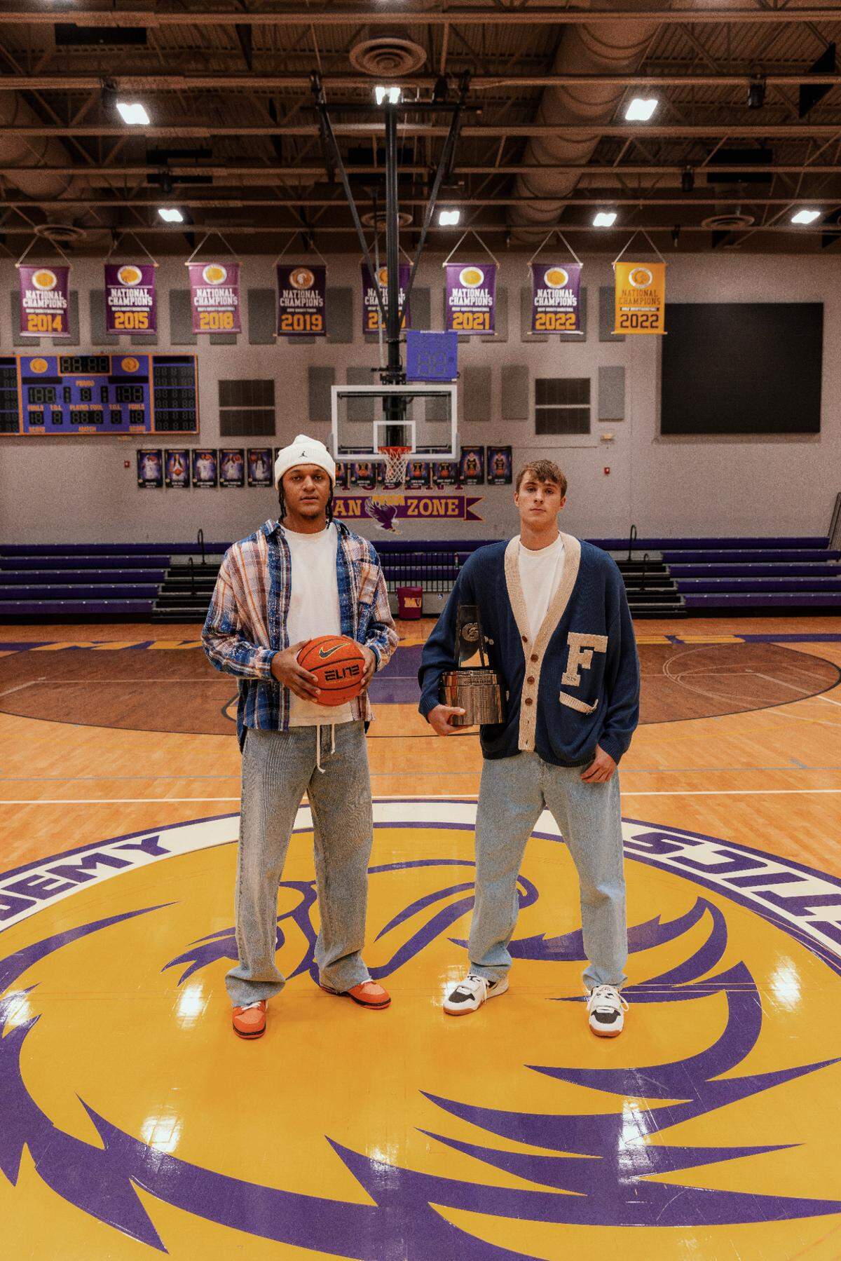 Orlando Magic forward Paolo Banchero (left), a former Duke player, stands with Cooper Flagg at Montverde Academy’s gym after Flagg was named Gatorade national player of the year. Flagg will play at Duke next season.