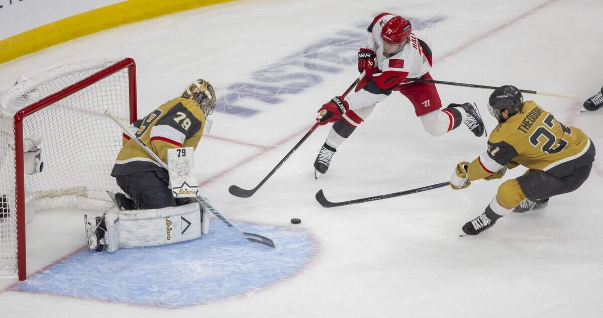 Carolina Hurricanes left wing Taylor Hall (71) shoots on Vegas goalie Carter Hart (79) with Vegas center Jack Eichel’s stick under his arm, in the first period during Game 6 of the Stanley Cup Final, on Sunday, June 14, 2026 at T-Mobile Arena in Las Vegas, NV.
