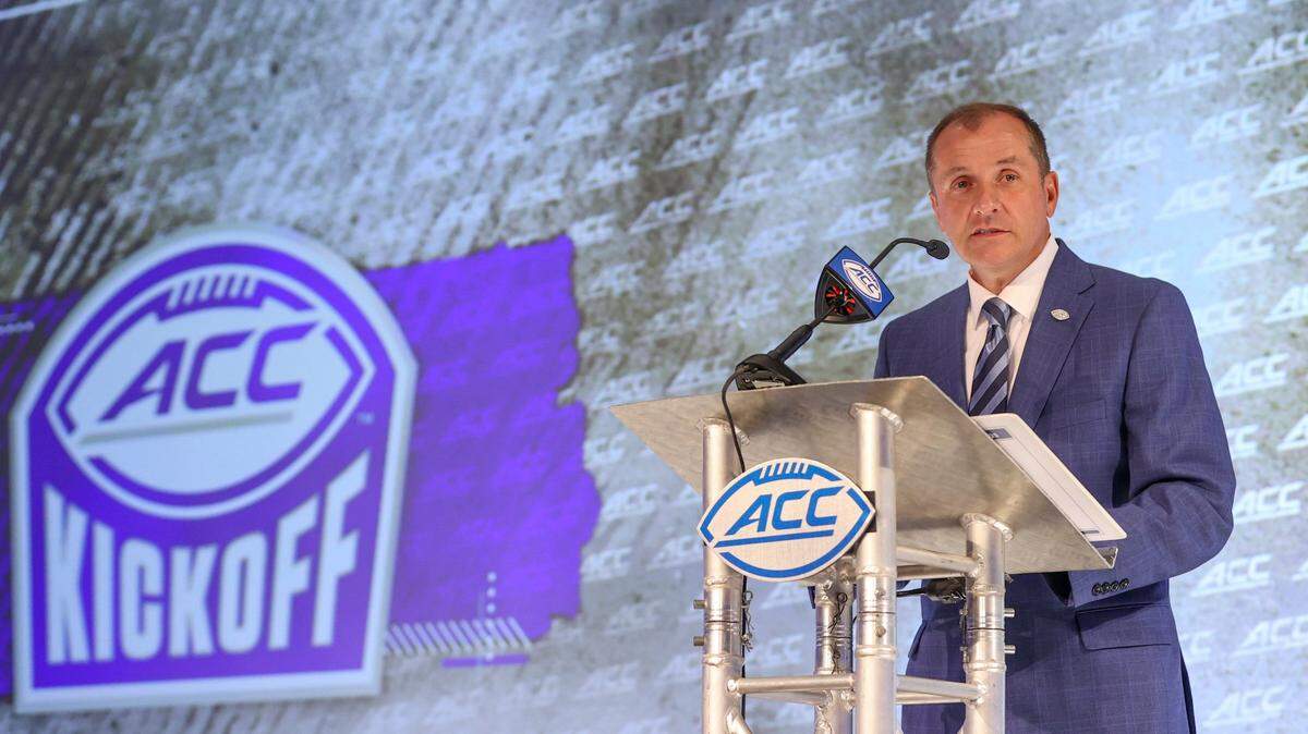 Atlantic Coast Conference commissioner Jim Phillips speaks during the NCAA college football ACC media days in Charlotte, N.C., Wednesday, July 21, 2021.