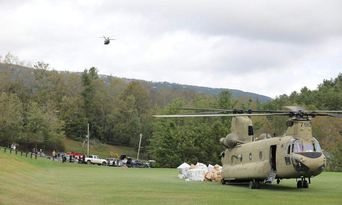 Soldiers assigned to the Connecticut, Maryland and North Carolina National Guard work to distribute food and water to local first responders in Avery County.