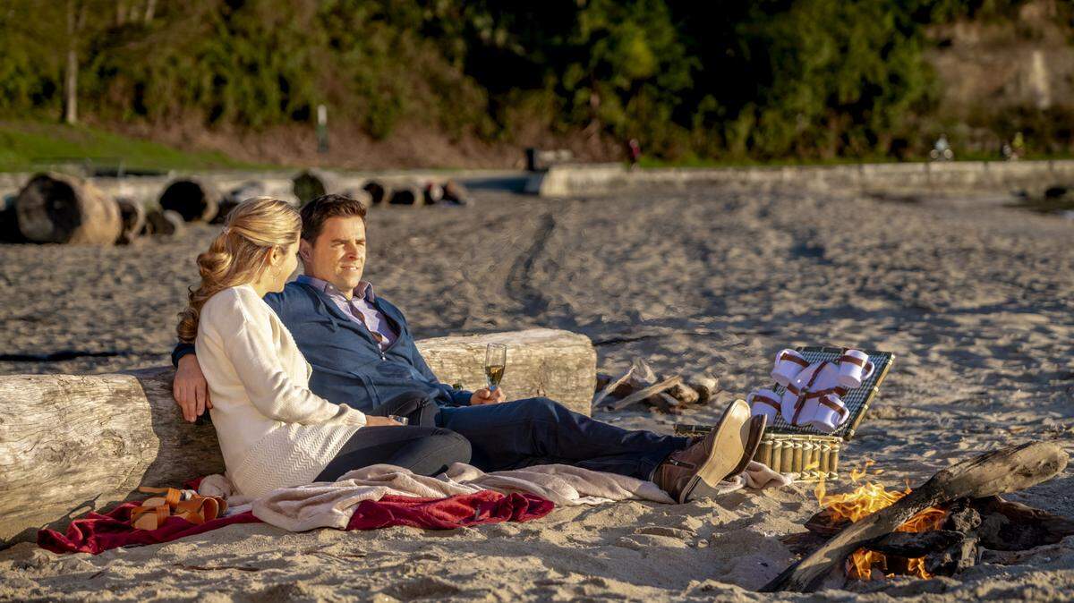 Pascale Hutton, left, and Kavan Smith in the Hallmark movie "The Perfect Bride: Wedding Bells."