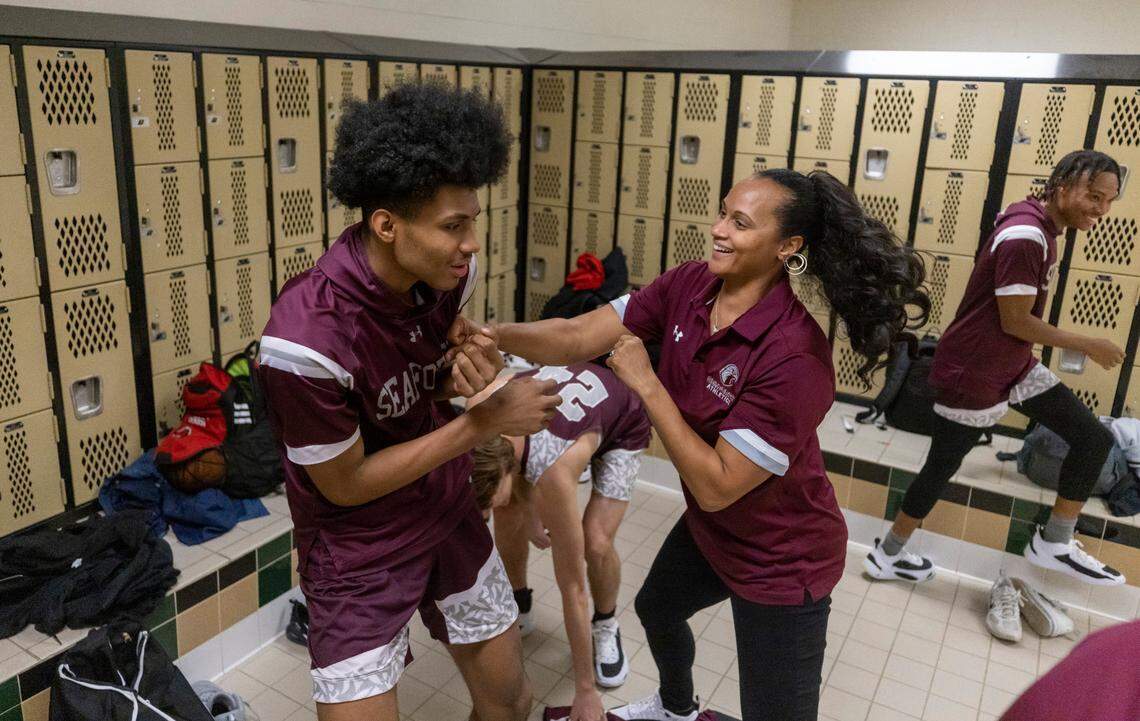 Seaforth High School coach Nicole Stevenson works to inspire her son Jarin Stevenson and his teammates as they leave the locker room for a game in the Carolina’s Challenge Showcase Tournament on Tuesday, December 27, 2023 in Lexington, South Carolina.