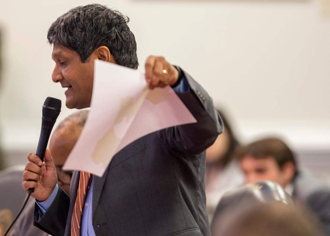 Senator Jay Chaudhuri of Wake County offers an amendment to Senate Bill 757, redistricting maps that redraw North Carolina’s Congressional districts., during debate on the Senate Floor on Tuesday, October 24, 2023 at the General Assembly in Raleigh, N.C. The amendment was tabled by the Republican majority.