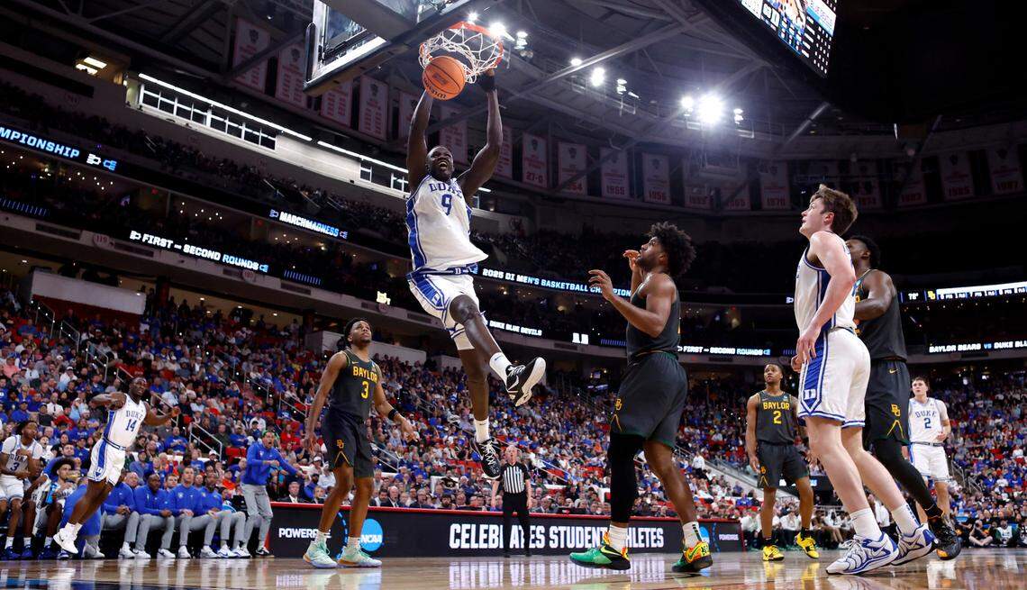 Duke’s Khaman Maluach (9) slams in two during the second half of Duke’s 89-66 victory over Baylor in the second round of the 2025 NCAA men’s basketball championship at the Lenovo Center in Raleigh, N.C., Sunday, March 23, 2025.