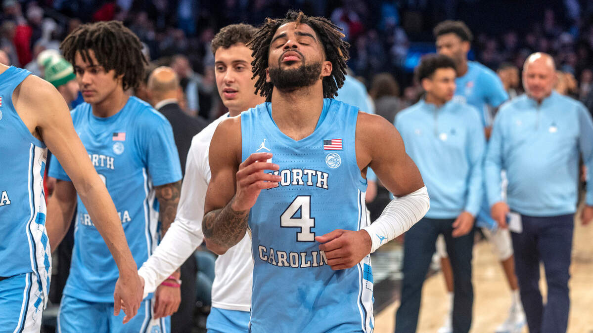 North Carolina’s R.J. Davis (4) leaves the court following the Tar Heels’ 87-76 loss to Connecticut in the Jimmy V Classic on Tuesday, December 5, 2023 at Madison Square Garden in New York, NY. Davis lead all scores with 26 points.