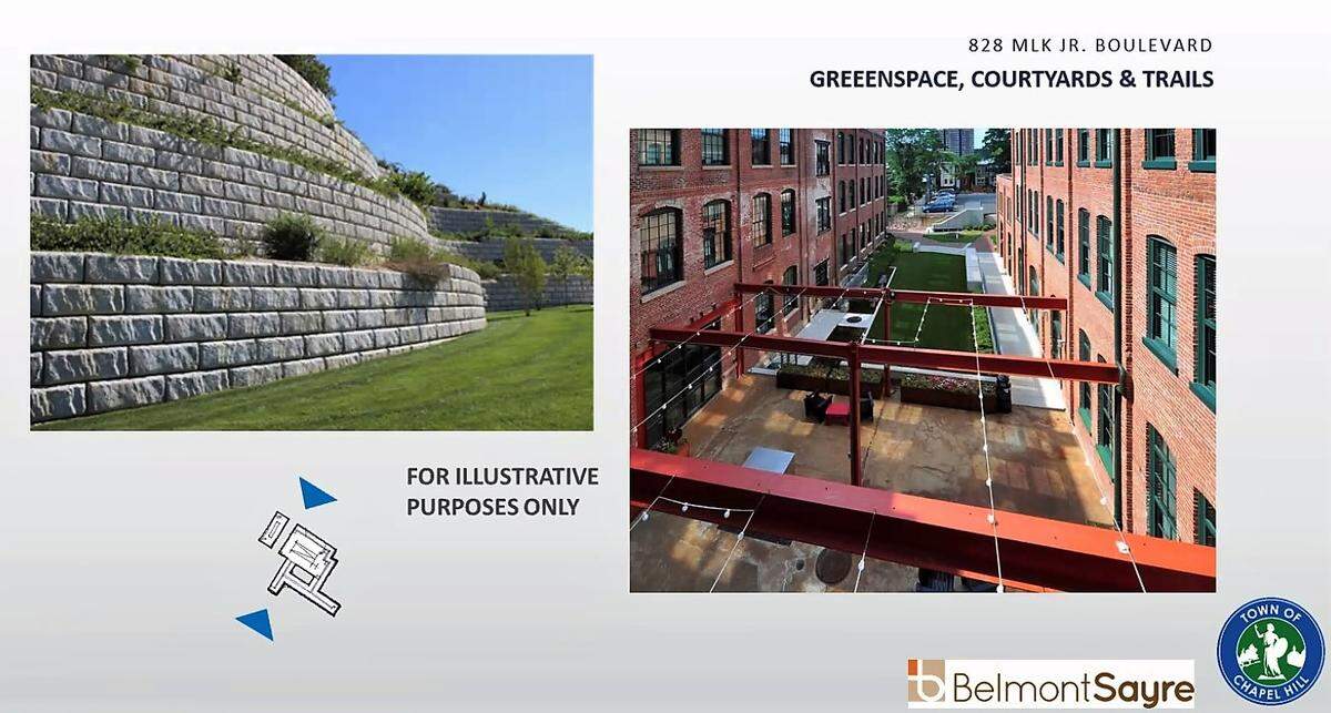 These examples of terraced hills were shown to the Chapel Hill Town Council on April 28, 2022. Once the town removes some or all of the coal ash buried at 828 MLK Jr. Blvd., one option is to create a terraced retaining wall on the hill overlooking Bolin Creek.