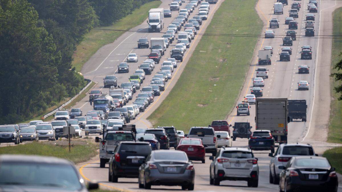Rush hour traffic is bumper to bumper in the north bound lanes of US 1, left, where it is reduced down to two lanes between I-540 and Durant Road on Tuesday, June 6, 2023 in Raleigh, N.C.