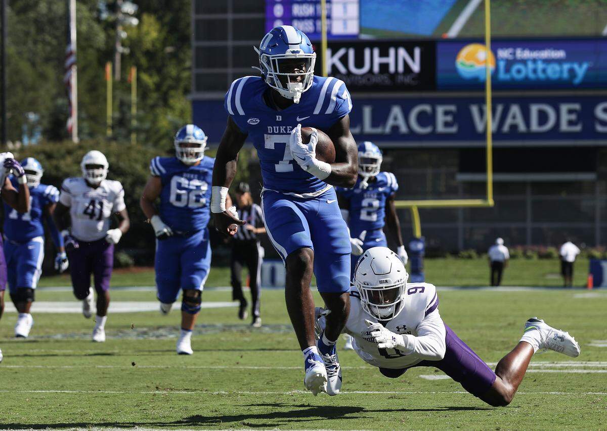 Duke’s Jordan Waters runs the ball in for a touchdown during the first half of the Blue Devils’ 38-14 win over Northwestern on Saturday, Sept. 16, 2023, at Wallace Wade Stadium in Durham, N.C.