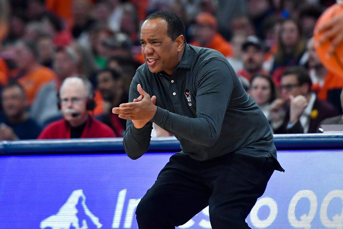 North Carolina State head coach Kevin Keatts reacts during the second half of an NCAA college basketball game against Syracuse in Syracuse, N.Y., Tuesday, Feb. 14, 2023. (AP Photo/Adrian Kraus)