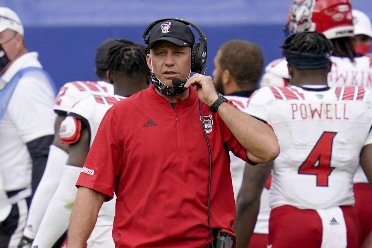 North Carolina State head coach Dave Doeren works the sideline as his team plays Pittsburgh in an NCAA college football game, Saturday, Oct. 3, 2020, in Pittsburgh.