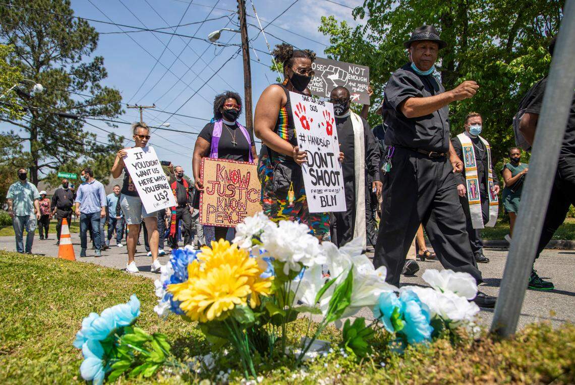 Demonstrators, led by clergy, march Wednesday, April 28, 2021 from Mt. Lebanon AME Zion Church in Elizabeth City to the site where Andrew Brown Jr. was shot and killed by Pasquotank County Sheriff deputies. A Pasquotank County judge denied the petition by the media to release the body camera footage in the shooting of Andrew Brown Jr.
