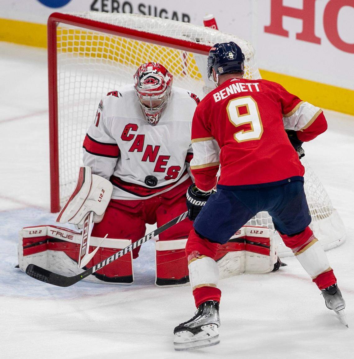 Carolina Hurricanes Frederik Andersen (31) stops a scoring attempt the Florida Panthers Sam Bennett (9) in the second period of Game 3 of the Eastern Conference Finals on Monday, May 22, 2023 at FLA Live Arena in Sunrise, Fla.
