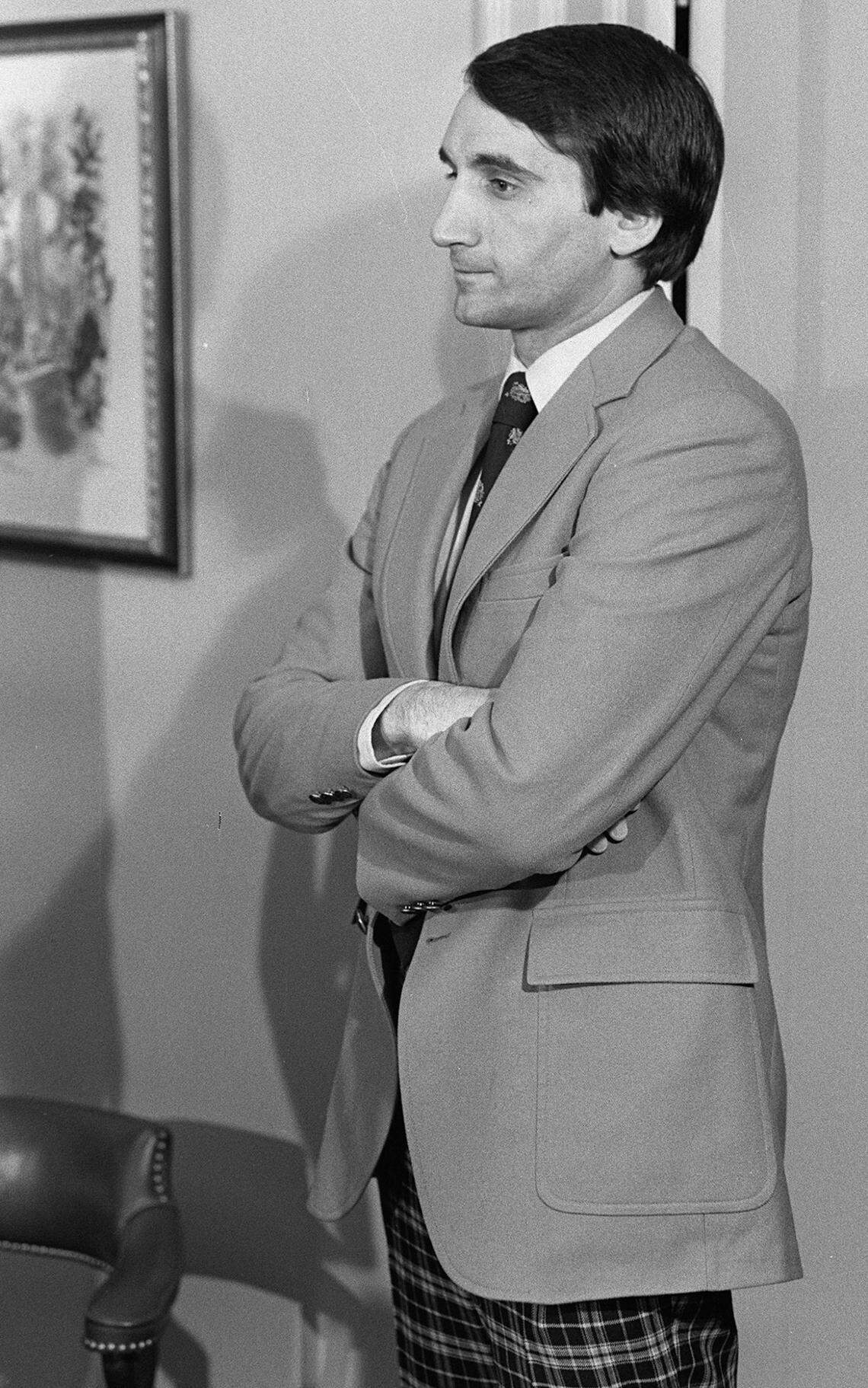 A 1980 photo shows new Duke Basketball coach Mike Krzyzewski as he waits to speak at a press conference announcing his hiring March 18, 1980.