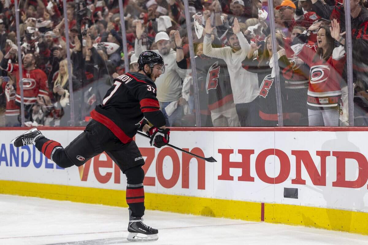 Carolina Hurricanes right wing Andrei Svechnikov (37) reacts after scoring on Vegas goalie Carter Hart (79) in the third period to take s 4-1 lead, in Game 5 of the Stanley Cup Final against Vegas, on Thursday, June 11, 2026 at Lenovo Center in Raleigh, N.C.