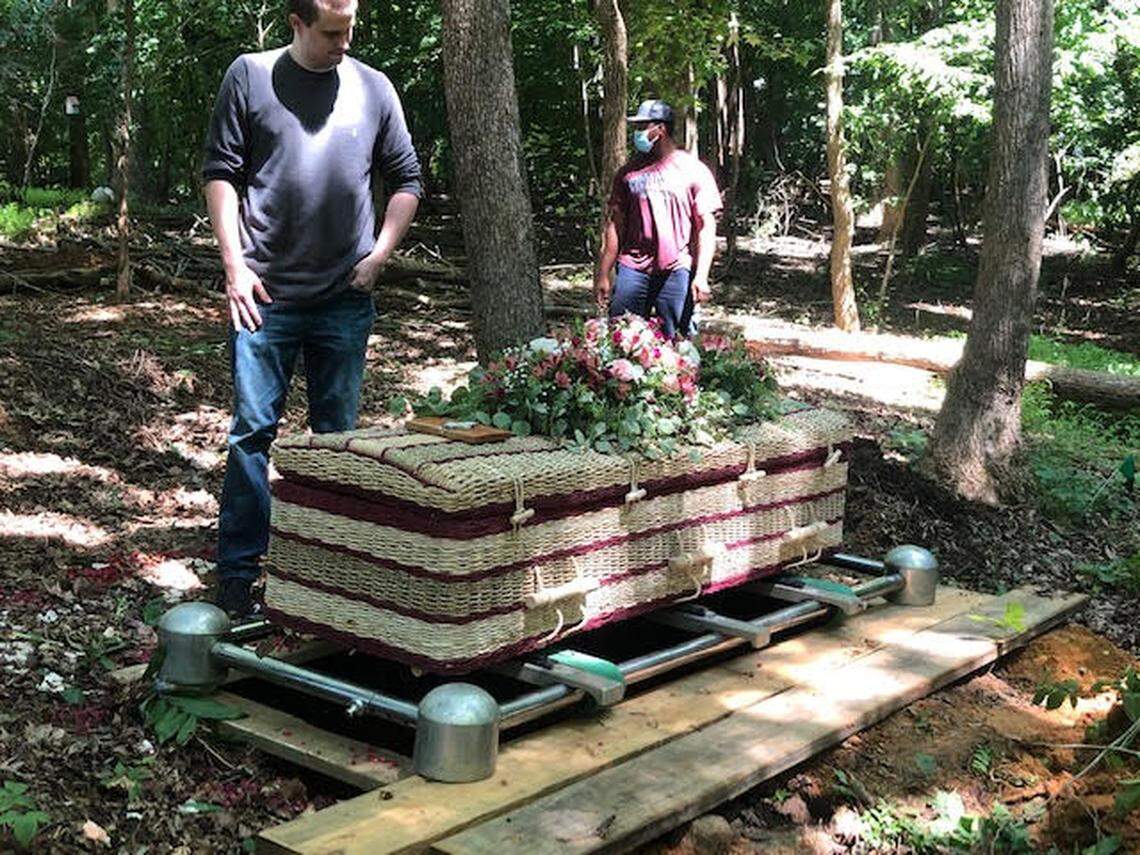 A green funeral featuring a biodegradable casket for Beverley Anne Babb, held at Wake Memorial’s green burial site, Pine Forest, July 2021.