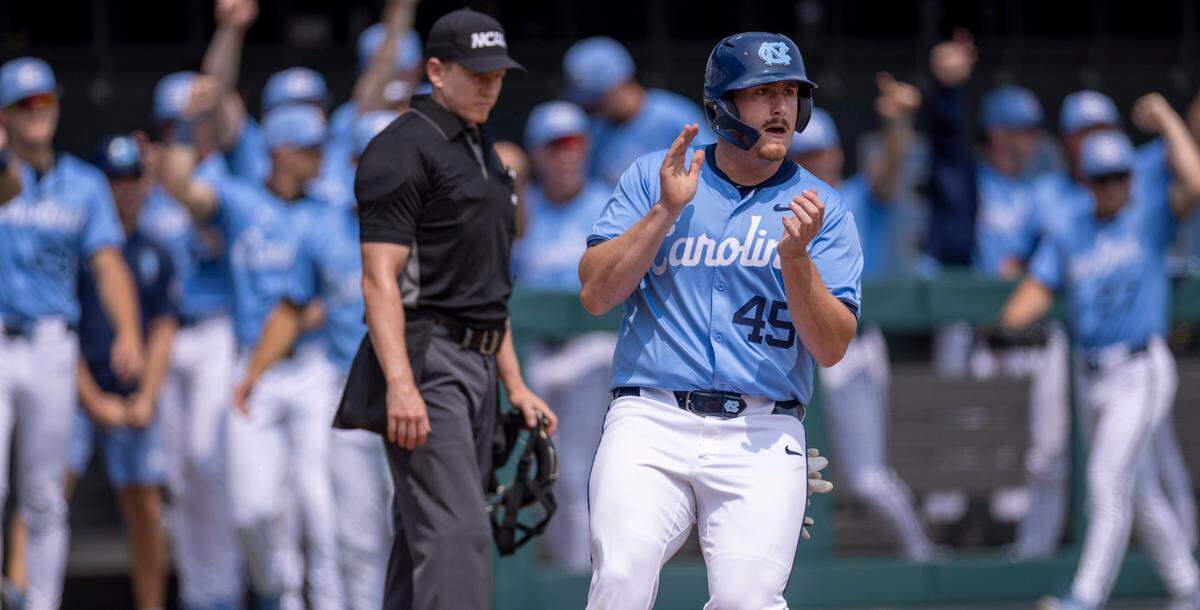 North Carolina first baseman Hunter Stokley reacts after scoring to give the Tar Heels a 3-0 lead on a base hit by Alex Madera in the first inning against Oklahoma during Game 7 of the NCAA Chapel Hill Regional on Monday, June 2, 2025 at Boshamer Stadium in Chapel Hill, N.C.