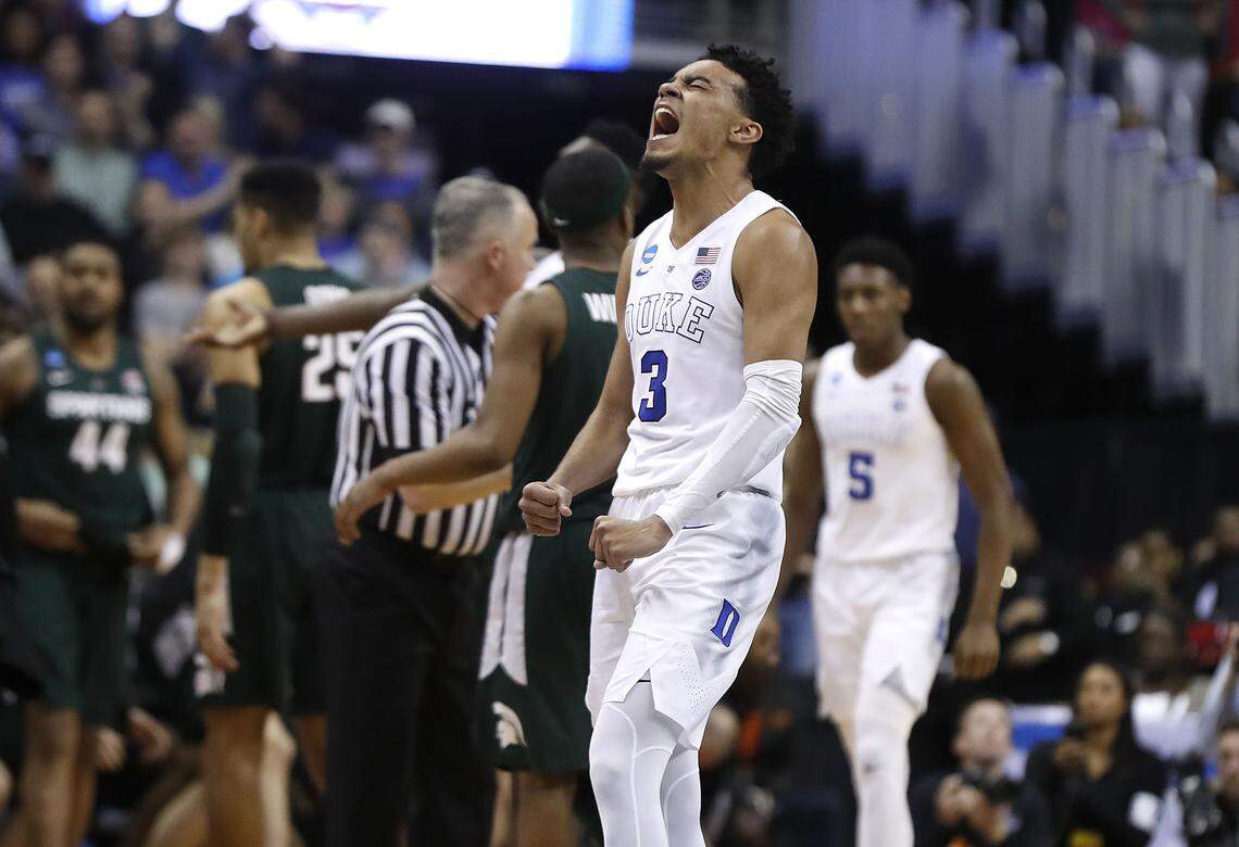 Duke’s Tre Jones (3) celebrates during the second half of Michigan State’s 68-67 victory over Duke in their NCAA Elite 8 game in Washington, D.C., Sunday, March 31, 2019.