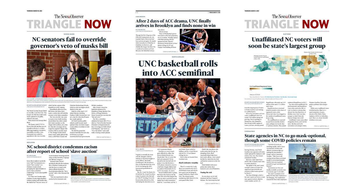 Pages of Triangle Now, a new digital feature of The News & Observer and The Herald-Sun.