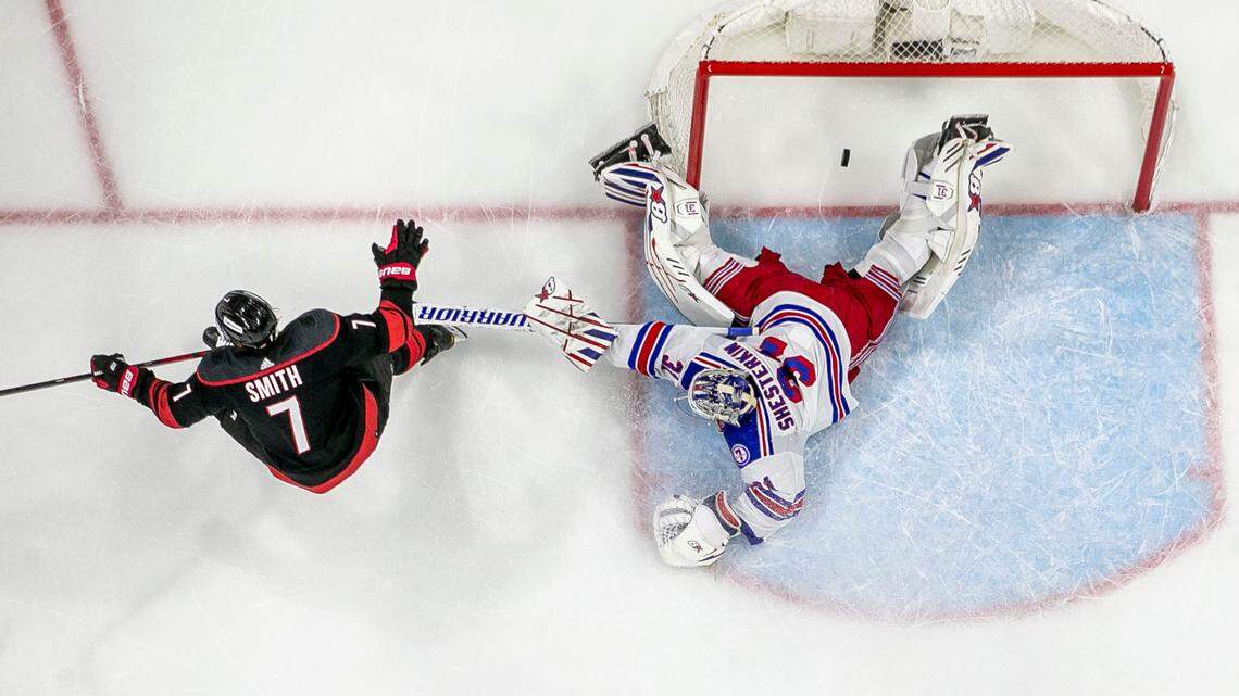 Carolina Hurricanes’ Brendan Smith (7) scores on New York Rangers goalie Igor Shesterkin (31) to give the Hurricanes a 1-0 lead in the second period on Friday, May 20, 2022 during game two of the Stanley Cup second round at PNC Arena in Raleigh, N.C.