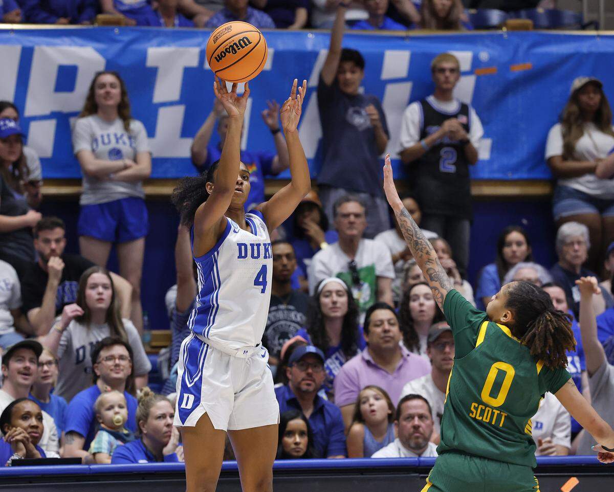 Duke’s Riley Nelson shoots over Baylor’s Taliah Scott during the second half of the Blue Devils’ 69-46 second-round NCAA Tournament win on Sunday, March 22, 2026, at Cameron Indoor Stadium in Durham, N.C.
