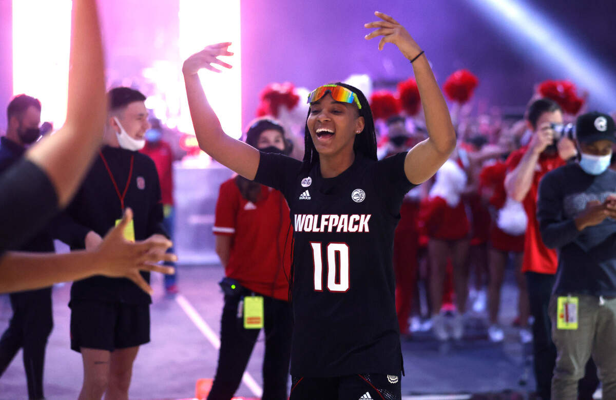 N.C. State’s Aziaha James (10) celebrates after the dance competition during Primetime with the Pack at Reynolds Coliseum in Raleigh, N.C., Thursday, October 14, 2021.