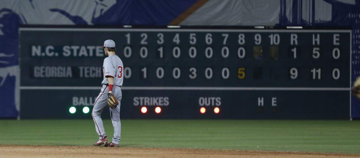 N.C. State’s Tyler McDonough (13) walks back towards second base in the eighth inning during Georgia Tech’s 9-2 victory over N.C. State in the semifinals of the ACC Baseball Championship at the Durham Bulls Athletic Park in Durham, N.C., Saturday, May 25, 2019.