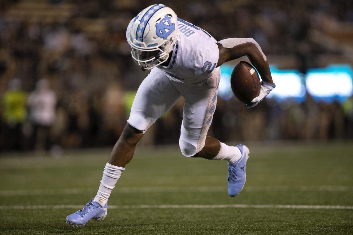 North Carolinas Dyami Brown (2) scores on a 17 yard pass completion from quarterback Sam Howell in the fourth quarter on Friday, September 13, 2019 at BB&T Field in Winston-Salem, N.C.