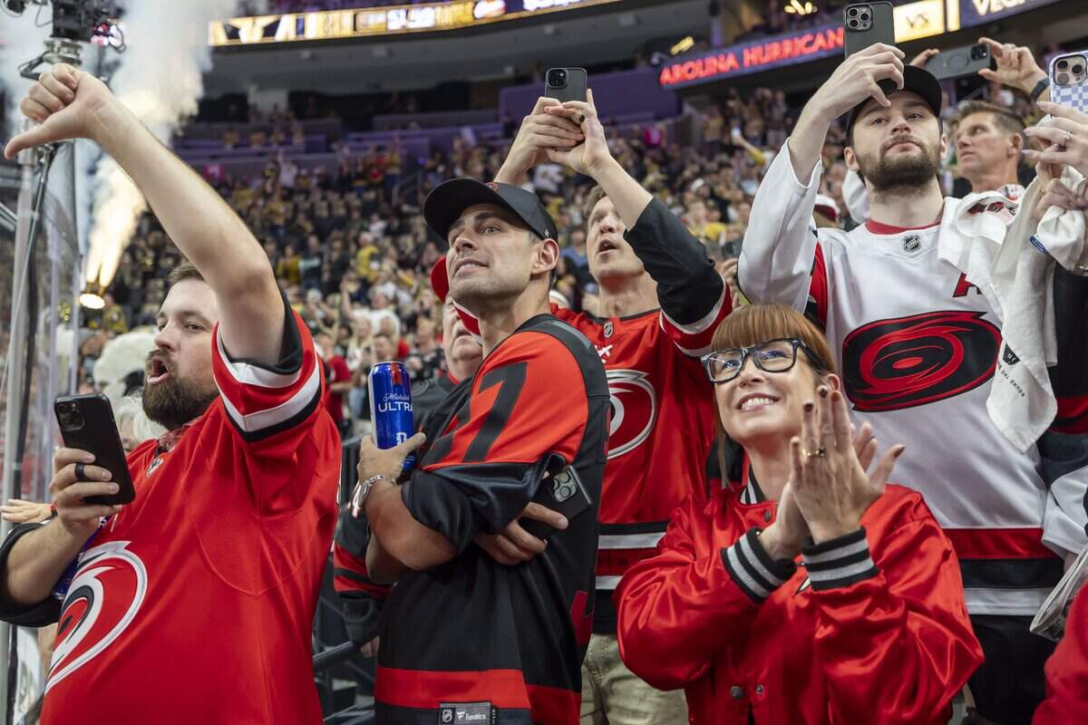 Carolina Hurricanes fans react as the Vegas Knights and Carolina Hurricanes take to the ice for pre-game warm-ups ahead of Game 6 of the Stanley Cup Final, on Sunday, June 14, 2026 at T-Mobile Arena in Las Vegas, NV.
