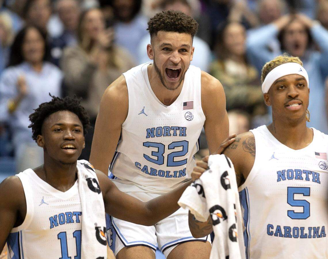 North Carolina’s Pete Nance (32) reacts as reserve players try to break the century mark in the final minute of play against Johnson C. Smith on Friday, October 28, 2022 at the Smith Center in Chapel Hill, N.C.