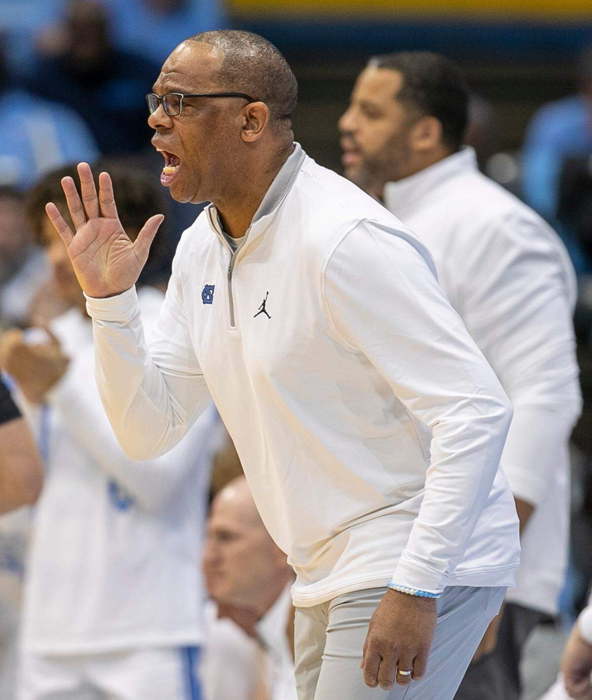 North Carolina coach Hubert Davis directs his team on defense in the first half against James Madison on Sunday, November 20, 2022 at the Smith Center in Chapel Hill, N.C.
