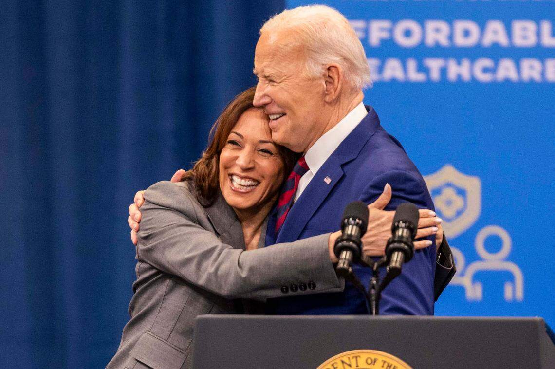 Vice President Kamala Harris and Joe Biden embrace after speeches on heath care during a campaign stop at the Chavis Community Center in Raleigh on Tuesday, March 26, 2024.