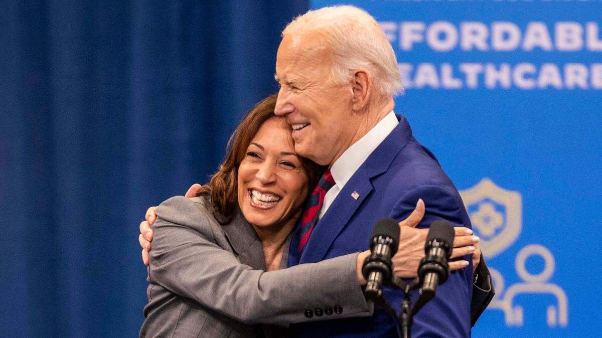 Vice President Kamala Harris and Joe Biden embrace after speeches on heath care during a campaign stop at the Chavis Community Center in Raleigh on Tuesday, March 26, 2024.