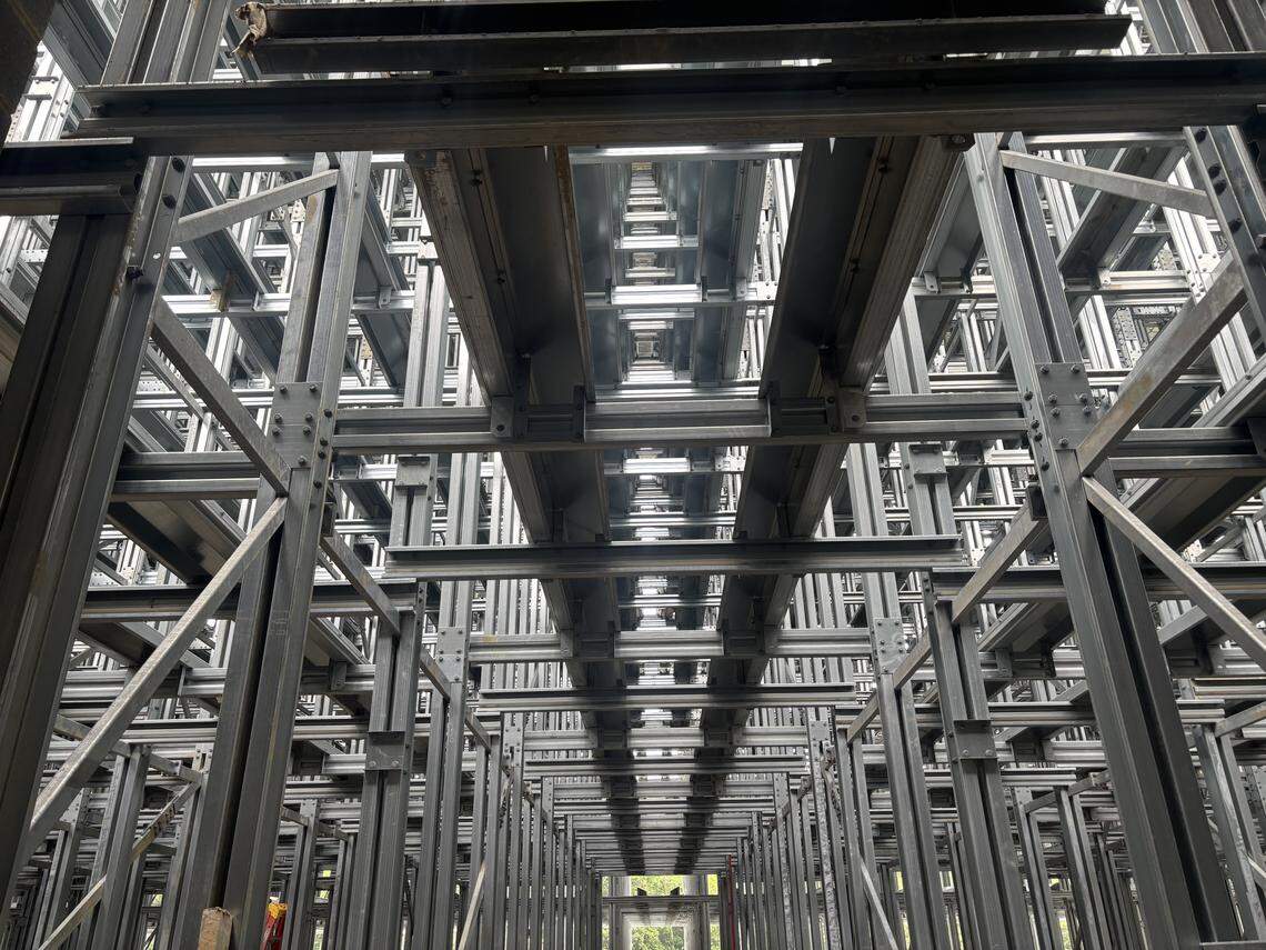 A look from below at the 10-story warehouse Saint-Gobain is building in Oxford, N.C. to store glass mat rolls used in shingle production.
