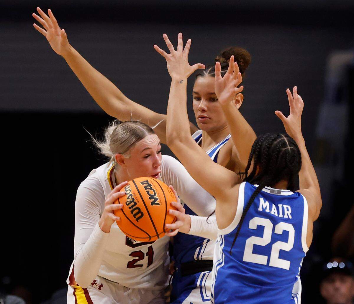 Duke’s Delaney Thomas and Taina Mair pressure South Carolina’s Chloe Kitts during the first half of the Blue Devils’ 54-50 loss in the NCAA Tournament Elite Eight at Legacy Arena on Sunday, March 30, 2025, in Birmingham, Ala.