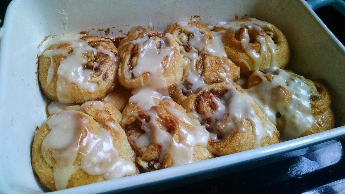 They aren’t the prettiest cinnamon rolls, but they are the easiest.  A butter and brown sugar crust on the bottom gives a surprise crunch to these addictive little indulgences.  Glaze them with milk mixed with powdered sugar and vanilla, as shown here, or eat them plain.