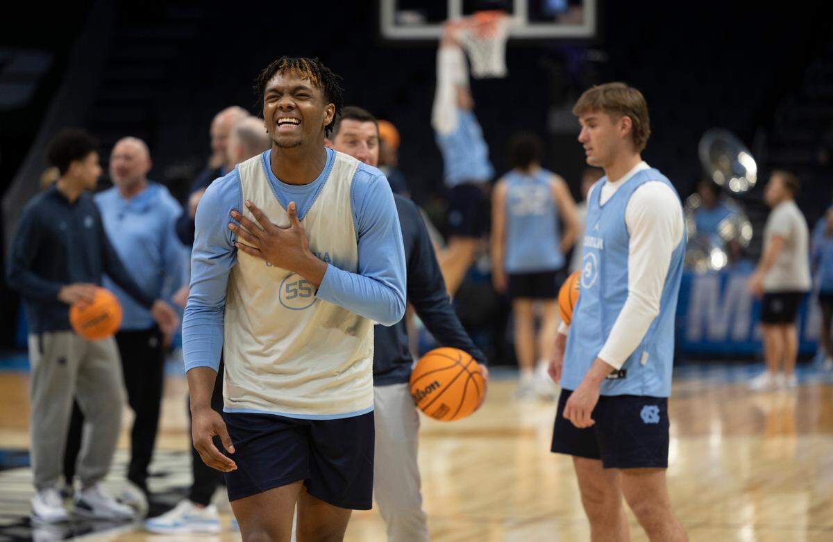 North Carolina’s Harrison Ingram (55) laughs at the conclusion of the Tar Heels’ practice on Wednesday, March 20, 2024 as they prepare for the NCAA Tournament at Spectrum Center in Charlotte, N.C.