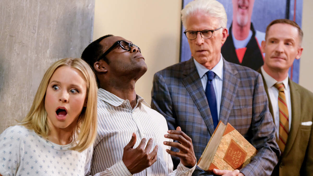 (L-R) Kristen Bell as Eleanor, William Jackson Harper as Chidi, Ted Danson as Michael and Marc Evan Jackson as Shawn in “The Good Place” on NBC.