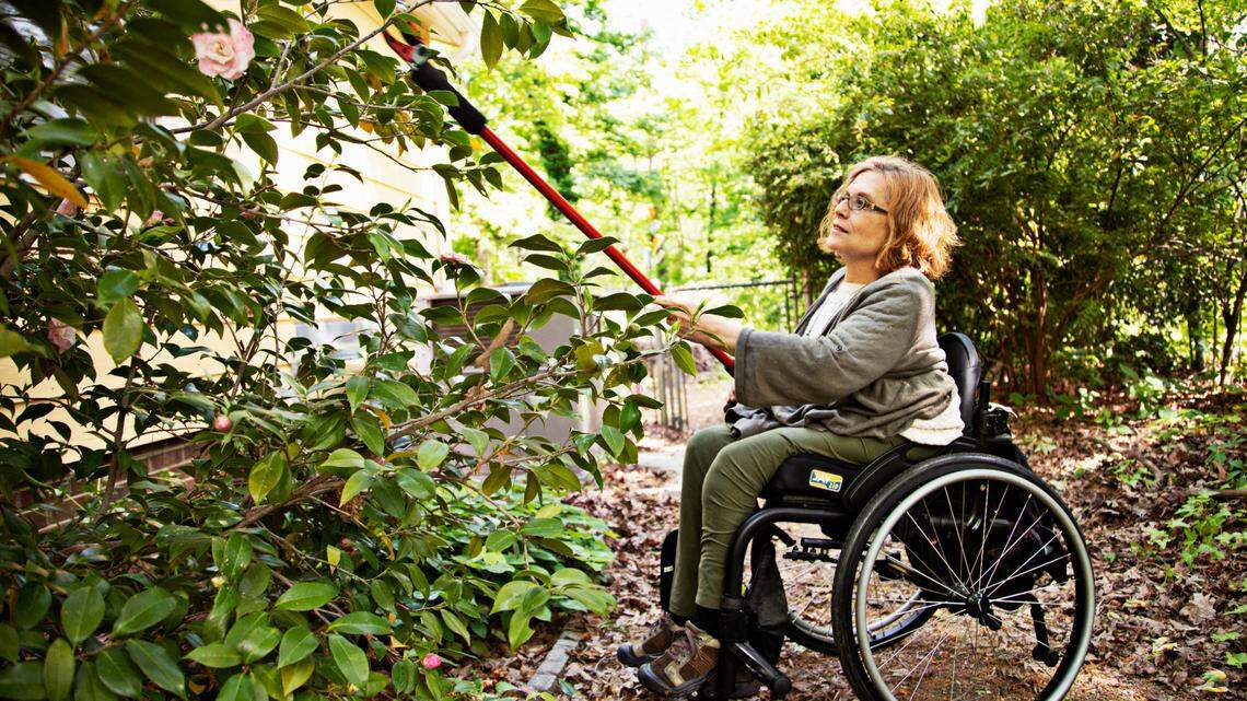 Pam Dickens uses a trimmer with an adjustable handle to reach the branches of a camellia bush that needs a bit of pruning in her Hillsborough yard on Friday, April 29, 2022. Dickens uses a variety of tools with adjustable handles that allow her to work with ease from her wheelchair while gardening.