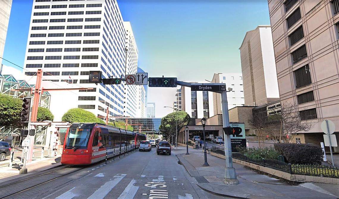 The Red Line light-rail train picks up passengers on the Texas Medical Center campus in downtown Houston in this recent image from Google Streetview. The light-rail line continues to face traffic problems in the narrow corridor, where drivers commonly run red lights and turn left in front of the trains.